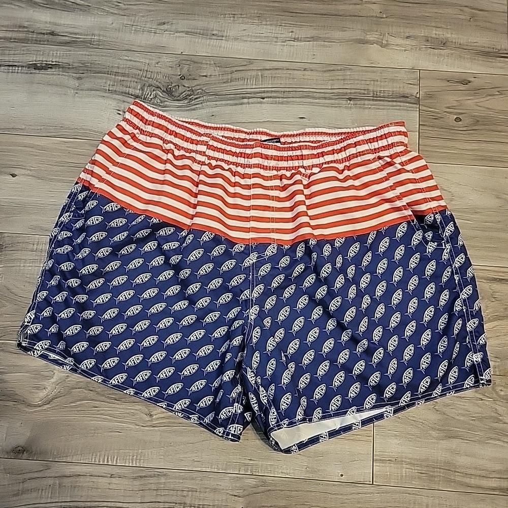 AFTCO Swim Shorts Mens XL Red White‎ Striped Blue Logo Fishing Outdoor